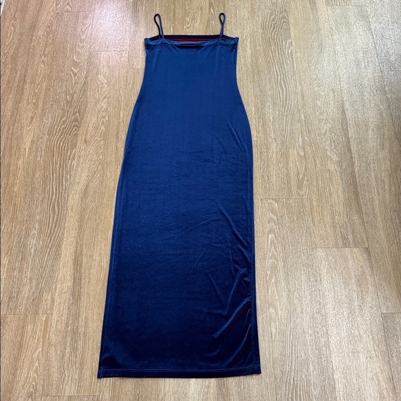 Vintage Finesse USA Blue Velvet Side Split Spaghetti Strap 90s Maxi Dress Gown M - Picture 5 of 10